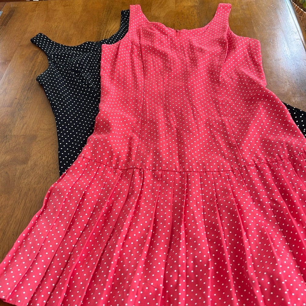 2 Vintage Sleeveless Drop Waist Dresses Black and Coral w/white polka dots 7/8